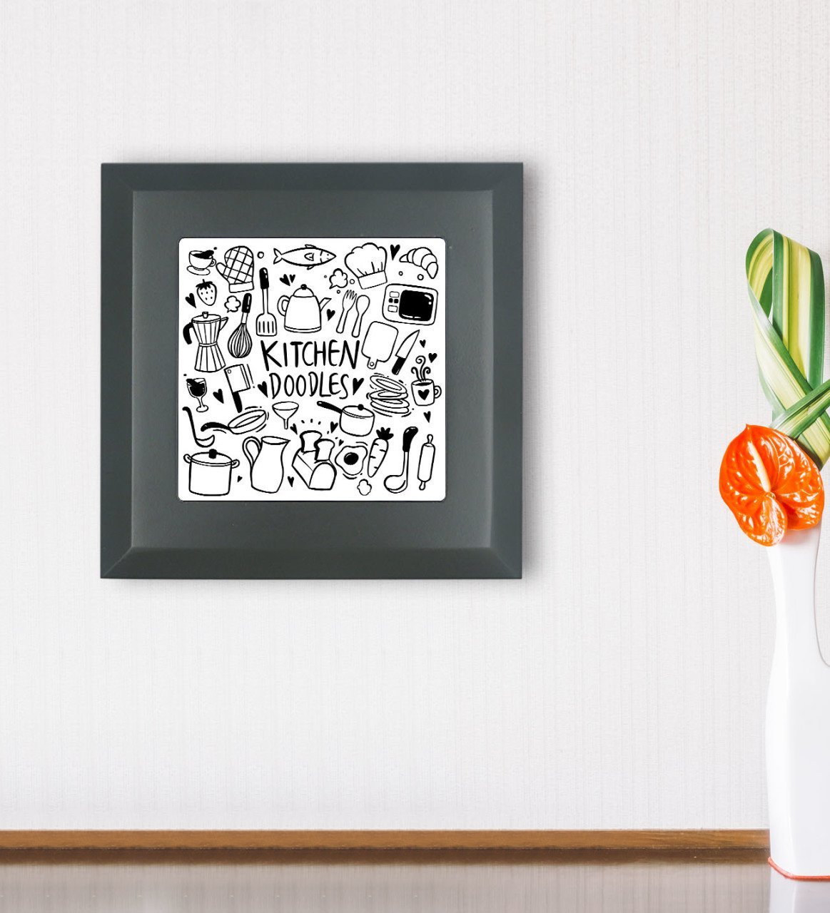 BK Gift Kitchen Doodles Tasarımlı Ahşap Çerçeveli Taş Duvar Dekoru-1
