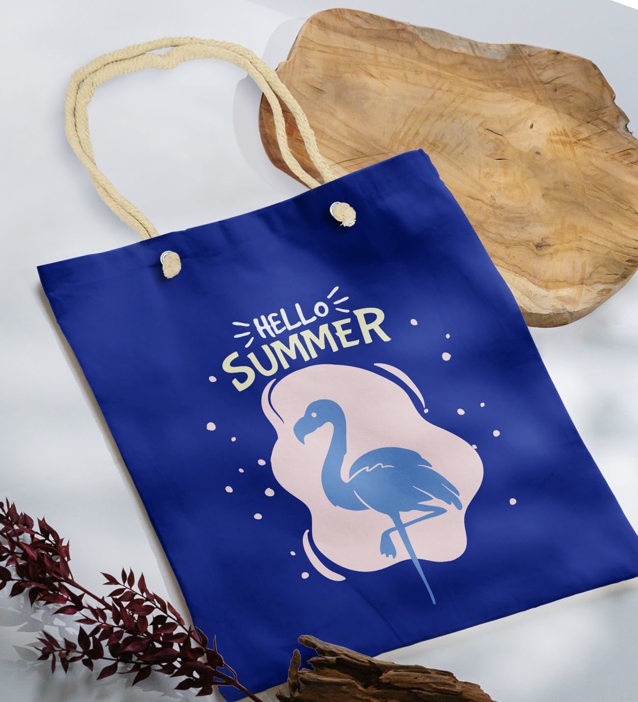 BK Gift Yaz Temalı Saks Mavi Halat Saplı Kumaş Plaj Çantası -7, Baskılı Omuz Çantası, Alışveriş Çantası, Arkadaşa Hediye, Sevgiliye Hediye