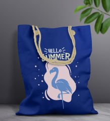 BK Gift Yaz Temalı Saks Mavi Halat Saplı Kumaş Plaj Çantası -7, Baskılı Omuz Çantası, Alışveriş Çantası, Arkadaşa Hediye, Sevgiliye Hediye