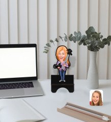 Kişiye Özel Kadın Fotoğrafçı Karikatürlü Ahşap Biblo Telefon Standı-1