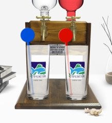 Kişiye Özel Renkli Baskılı Balıkesir Tasarımlı Turistik İkili Vodka Bardağı ve Çift Musluklu Doğal Ahşap Vodka Standı-1