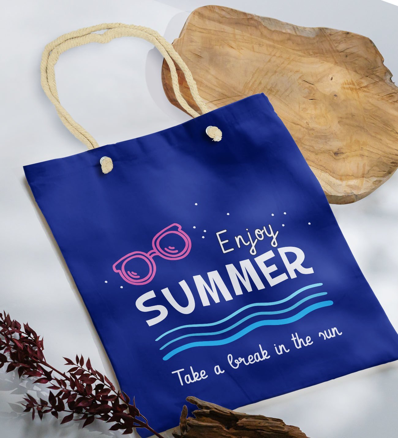 BK Gift Yaz Temalı Saks Mavi Halat Saplı Kumaş Plaj Çantası -8, Baskılı Omuz Çantası, Alışveriş Çantası, Arkadaşa Hediye, Sevgiliye Hediye
