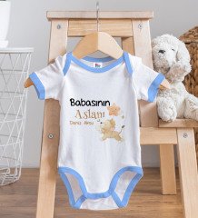 BK Kids Kişiye Özel Babasının Aslanı Tasarımlı Mavi Bebek Body Zıbın ve Mama Önlüğü Hediye Seti-1