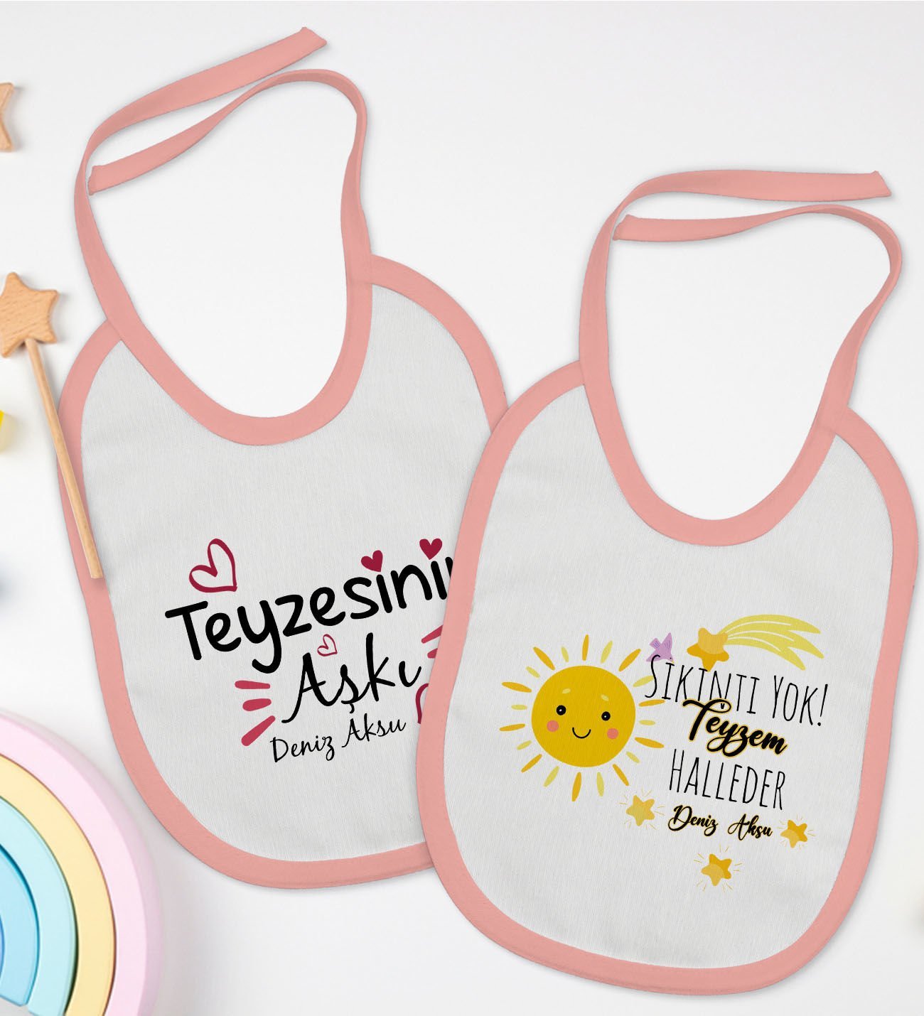 BK Kids Kişiye Özel Teyze Tasarımlı 2’li Pembe Mama Önlüğü-3