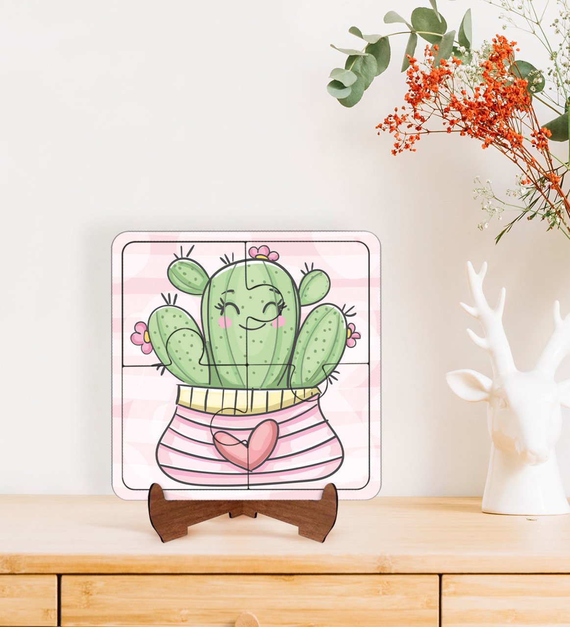BK Gift Kaktüs Tasarımlı Ahşap Standlı Puzzle Çerçeve-1