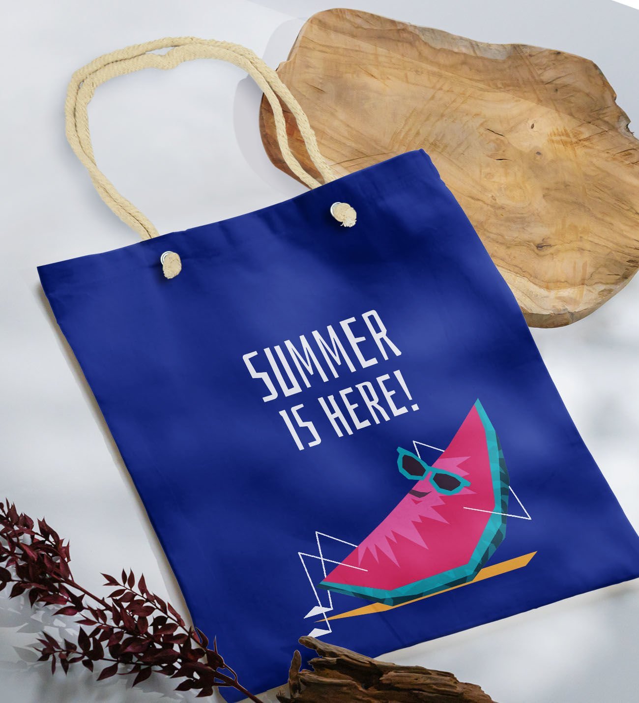 BK Gift Yaz Temalı Saks Mavi Halat Saplı Kumaş Plaj Çantası -10, Baskılı Omuz Çantası, Alışveriş Çantası, Arkadaşa Hediye, Sevgiliye Hediye