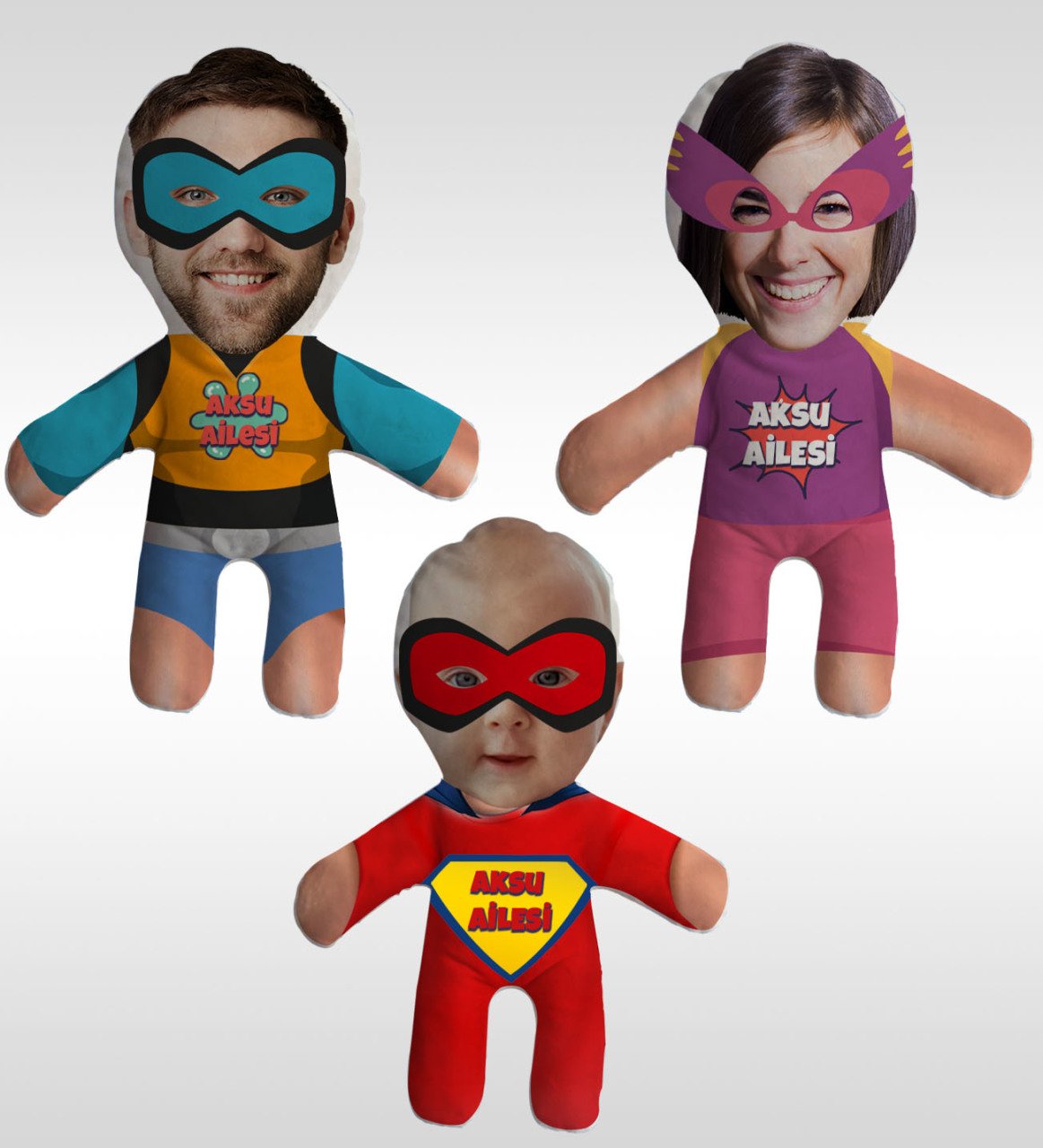 Kişiye Özel Fotoğraflı 3’lü Maskeli Süper Kahraman Aile Bebek Yastık Seti-1