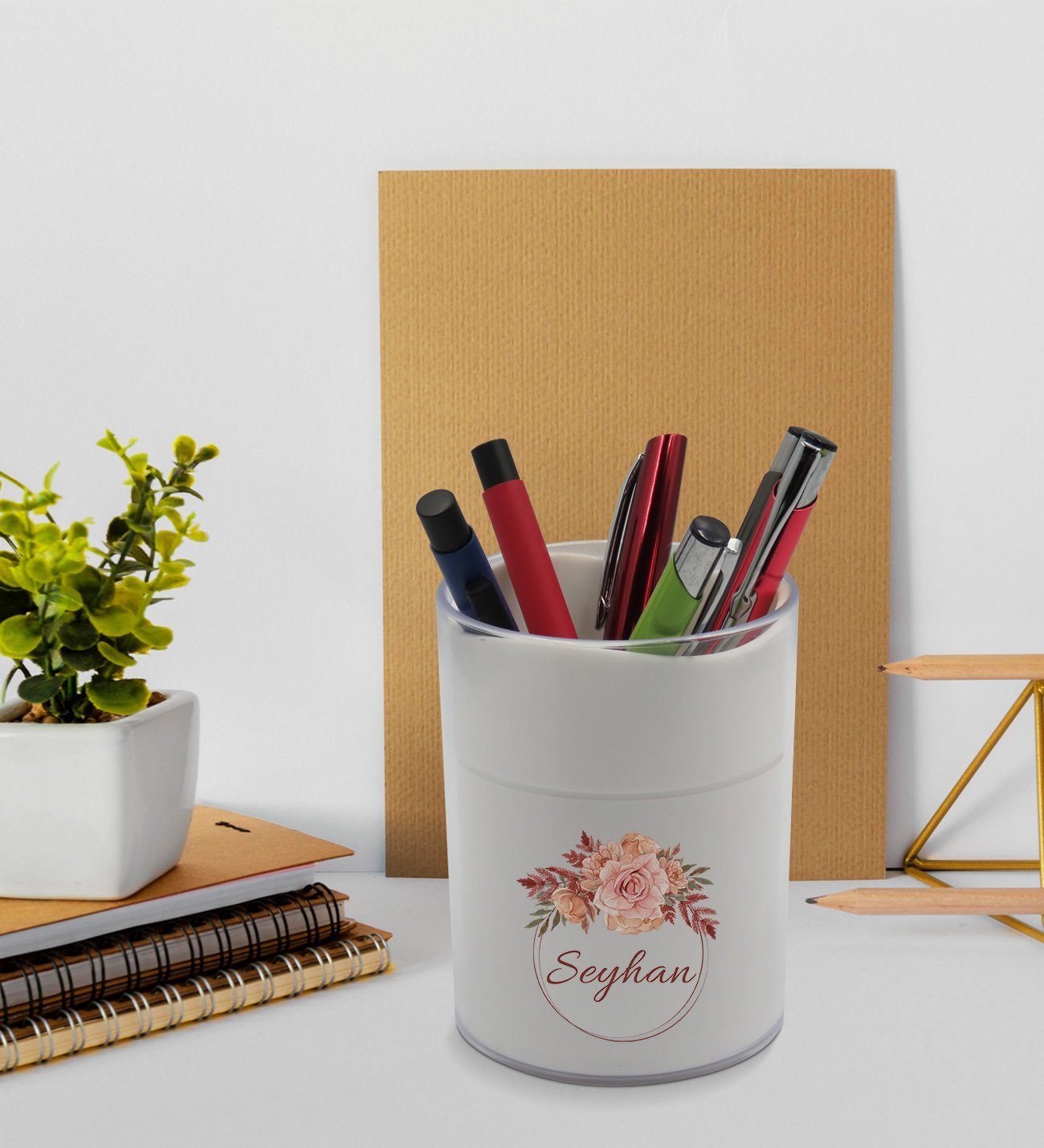BK Gift Kişiye Özel Çiçek Tasarımlı Beyaz Akrilik Kalemlik - Model 26