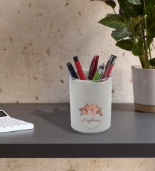 BK Gift Kişiye Özel Çiçek Tasarımlı Beyaz Akrilik Kalemlik - Model 26