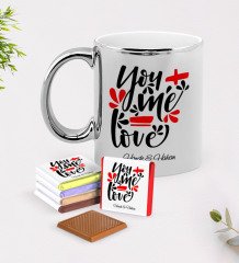 Kişiye Özel Sevgililer Günü Krom Kupa ve Çikolata Hediye Seti-73