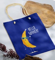 BK Gift Yaz Temalı Saks Mavi Halat Saplı Kumaş Plaj Çantası -11, Baskılı Omuz Çantası, Alışveriş Çantası, Arkadaşa Hediye, Sevgiliye Hediye