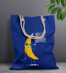BK Gift Yaz Temalı Saks Mavi Halat Saplı Kumaş Plaj Çantası -11, Baskılı Omuz Çantası, Alışveriş Çantası, Arkadaşa Hediye, Sevgiliye Hediye