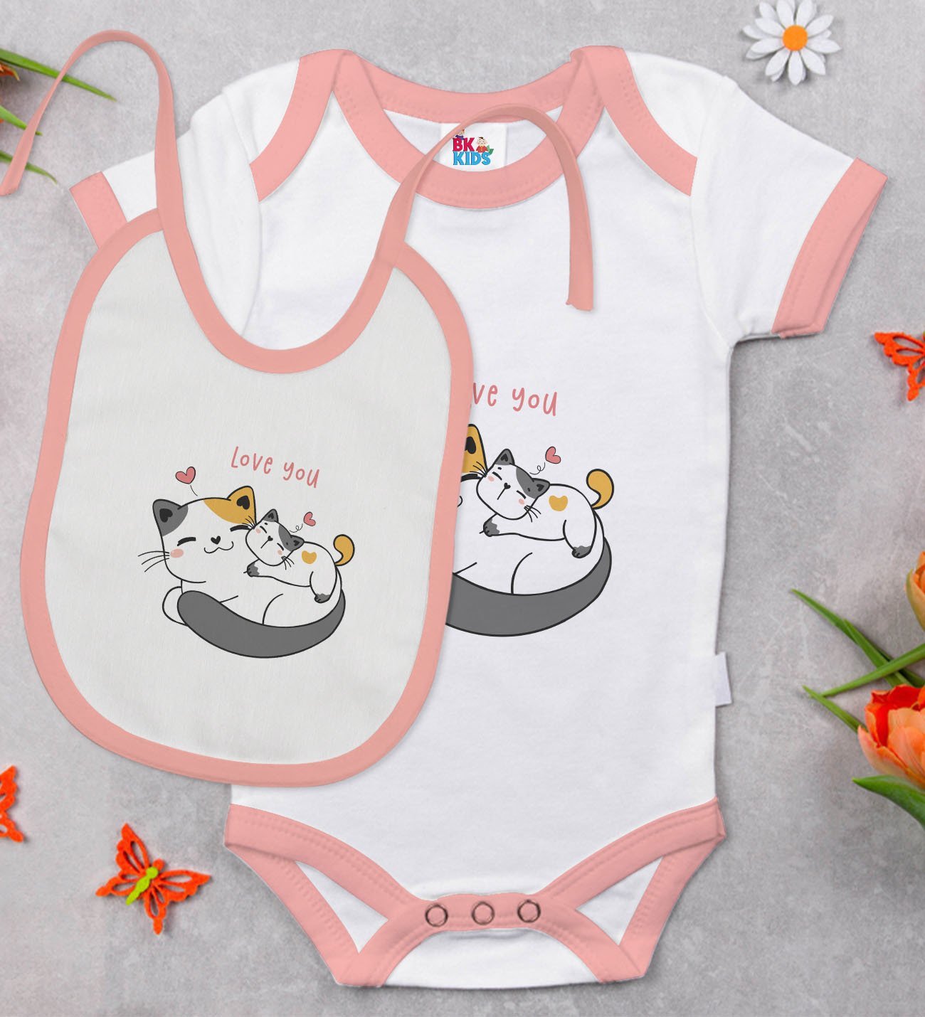 BK Kids Love You Tasarımlı Pembe Bebek Body Zıbın ve Mama Önlüğü Hediye Seti-1