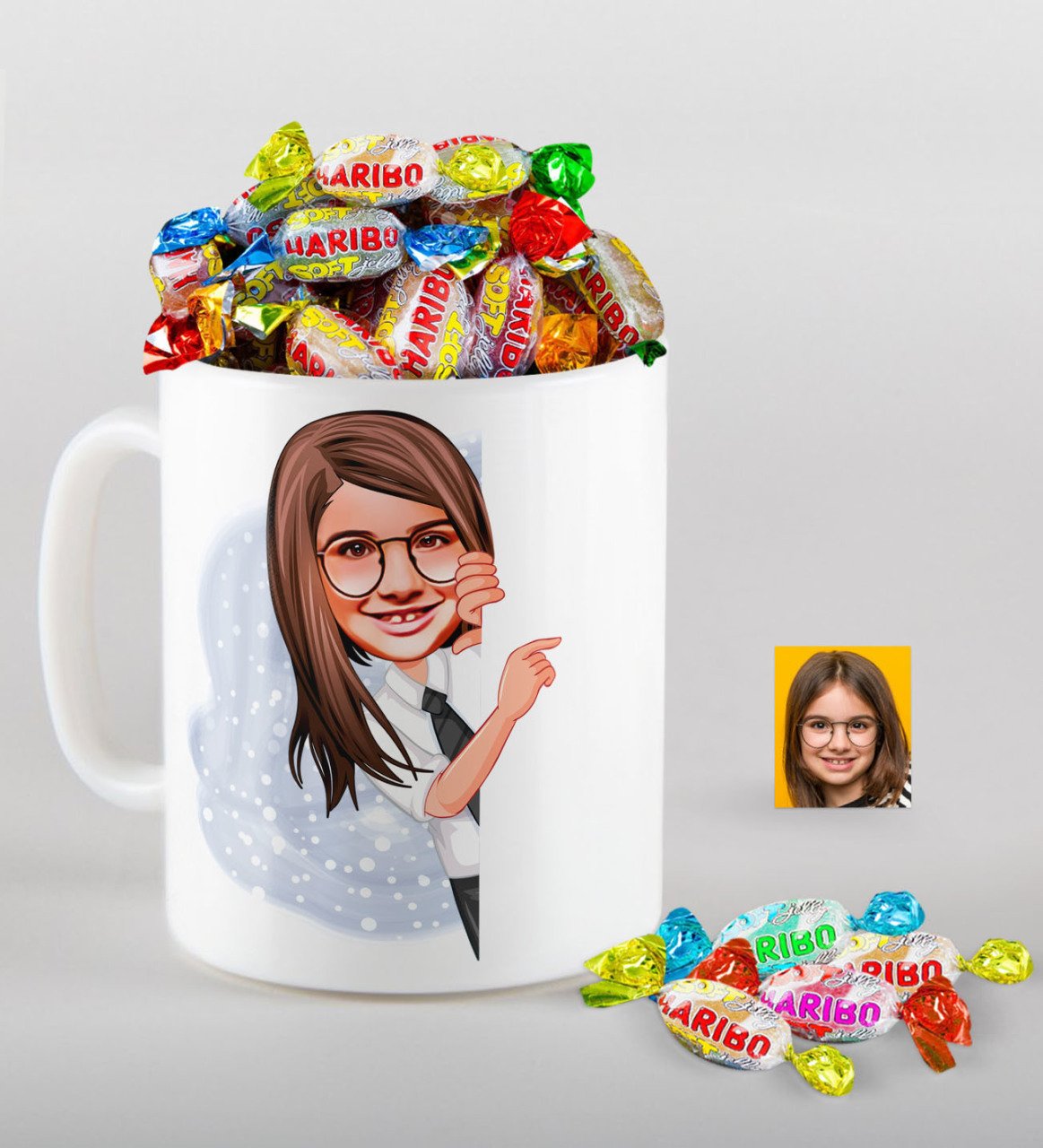 Kişiye Özel Kız Çocuk Karikatürlü Kupa ve Haribo Fruitbons Şeker Hediye Seti-1
