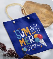 BK Gift Yaz Temalı Saks Mavi Halat Saplı Kumaş Plaj Çantası -12, Baskılı Omuz Çantası, Alışveriş Çantası, Arkadaşa Hediye, Sevgiliye Hediye