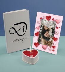 BK Gift Kişiye Özel İsimli Beyaz Defter Dekoratif Çerçeve ve Kalp Taş Obje Kokulu Mum Hediye Seti-2, Sevgiliye Hediye, Arkadaşa Hediye