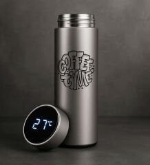 BK Gift Coffee Tasarımlı Filtreli Dijital Göstergeli Gümüş Çelik Termos-4, Arkadaşa Hediye, Sevgiliye Hediye, Yeni İş Hediyesi