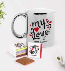 Kişiye Özel Sevgililer Günü Krom Kupa ve Çikolata Hediye Seti-75
