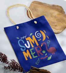 BK Gift Yaz Temalı Saks Mavi Halat Saplı Kumaş Plaj Çantası -13, Baskılı Omuz Çantası, Alışveriş Çantası, Arkadaşa Hediye, Sevgiliye Hediye