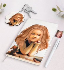 Kişiye Özel Soyut Kız Çocuk Karikatürlü Beyaz Defter Kalem Ve Anahtarlık Hediye Seti-1