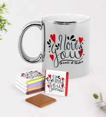 Kişiye Özel Sevgililer Günü Krom Kupa ve Çikolata Hediye Seti-76