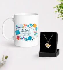 BK Gift Kişiye Özel Öğretmenler Günü Beyaz Kupa ve İsimli Papatya Kolye Hediye Seti- 3, Öğretmene Hediye, Öğretmenler Günü