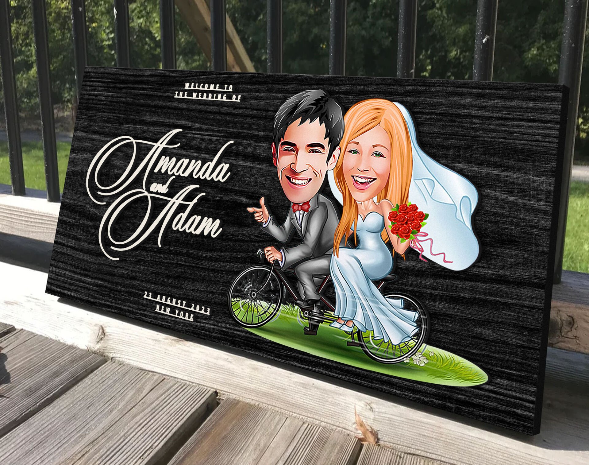 BK Gift Kişiye Özel Evleniyoruz Karikatürlü Antik Siyah (Ebony) Ahşap Tabela-3, Dekoratif Tabela, Rustik Ev Dekorasyonu, Duvar Dekoru