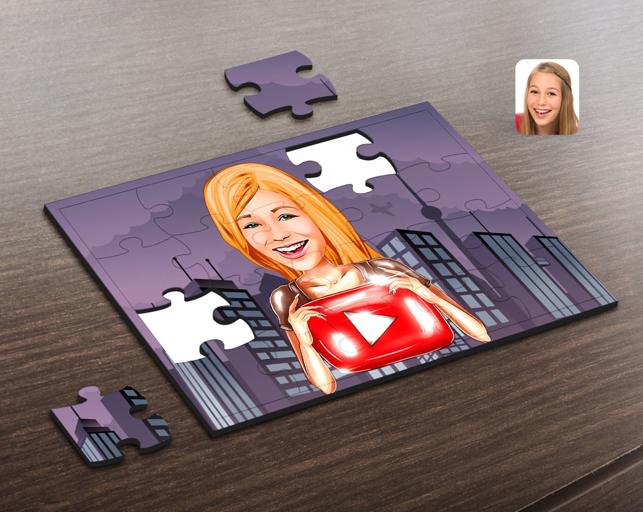 Kişiye Özel Kadın Youtuber Karikatürlü Ahşap Puzzle-1