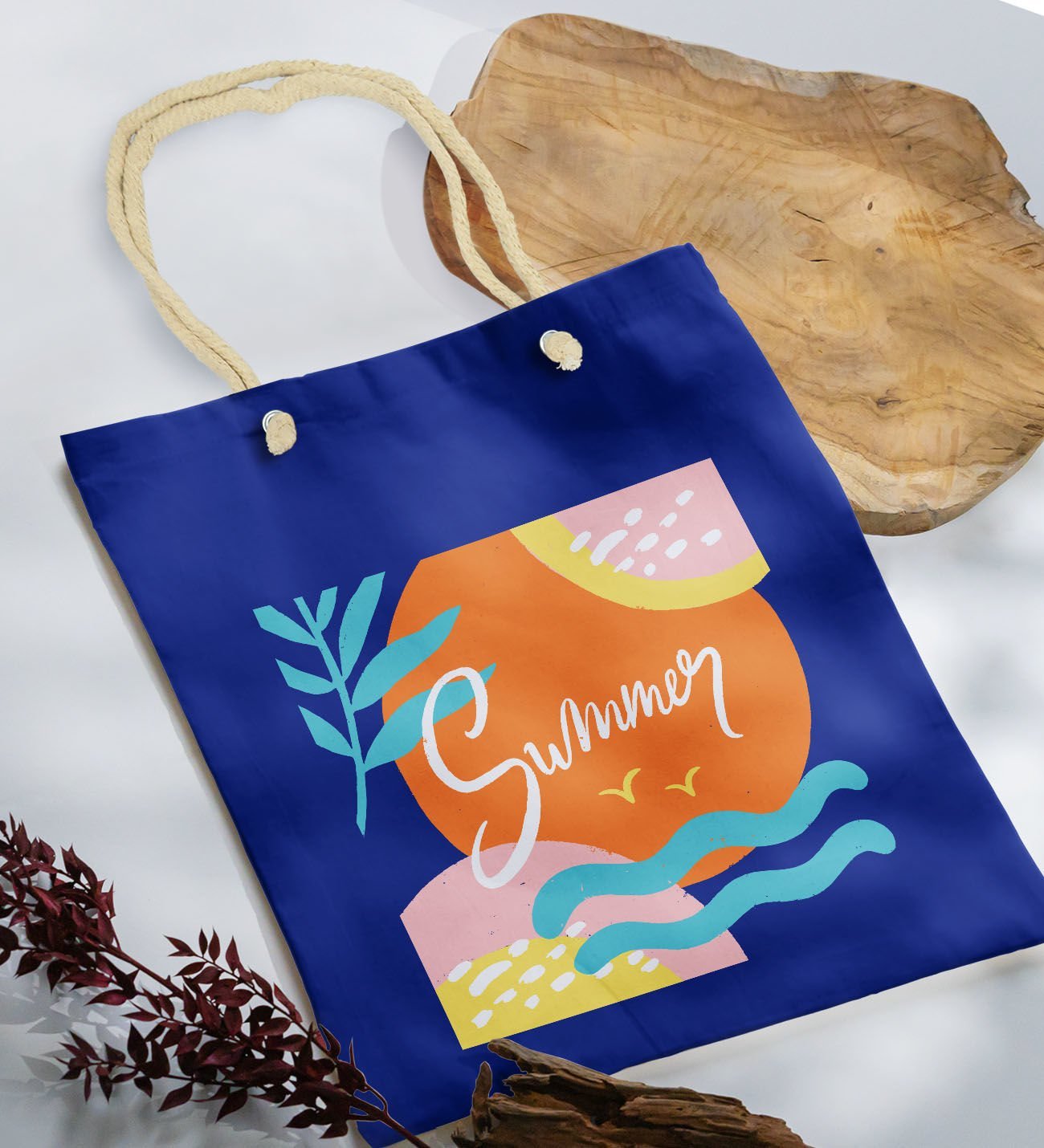 BK Gift Yaz Temalı Saks Mavi Halat Saplı Kumaş Plaj Çantası -15, Baskılı Omuz Çantası, Alışveriş Çantası, Arkadaşa Hediye, Sevgiliye Hediye