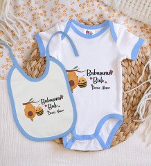 BK Kids Kişiye Özel Babasının Balı Tasarımlı Mavi Bebek Body Zıbın ve Mama Önlüğü Hediye Seti-1