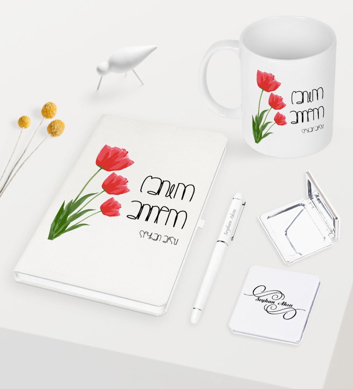 Kişiye Özel Canım Annem Beyaz Defter Kalem Kupa Ayna Seti - 11