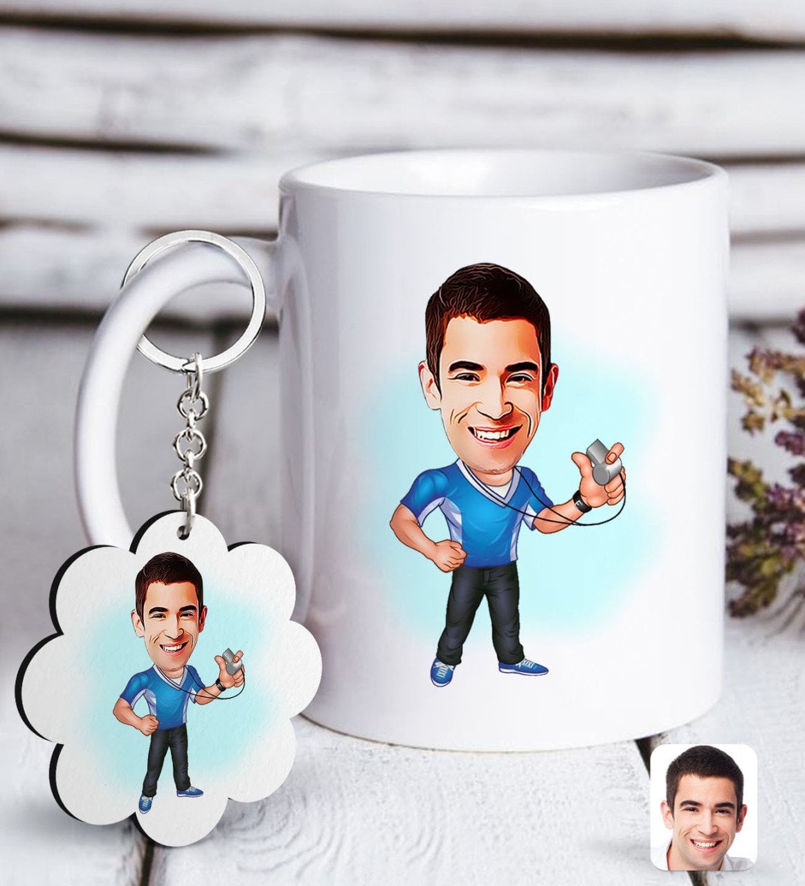 Kişiye Özel Erkek Antrenör Karikatürlü Beyaz Kupa ve Anahtarlık Hediye Seti-1
