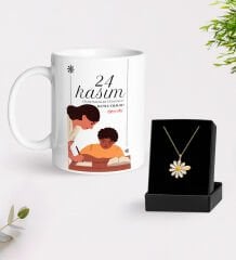 BK Gift Kişiye Özel Öğretmenler Günü Beyaz Kupa ve İsimli Papatya Kolye Hediye Seti- 5, Öğretmene Hediye, Öğretmenler Günü