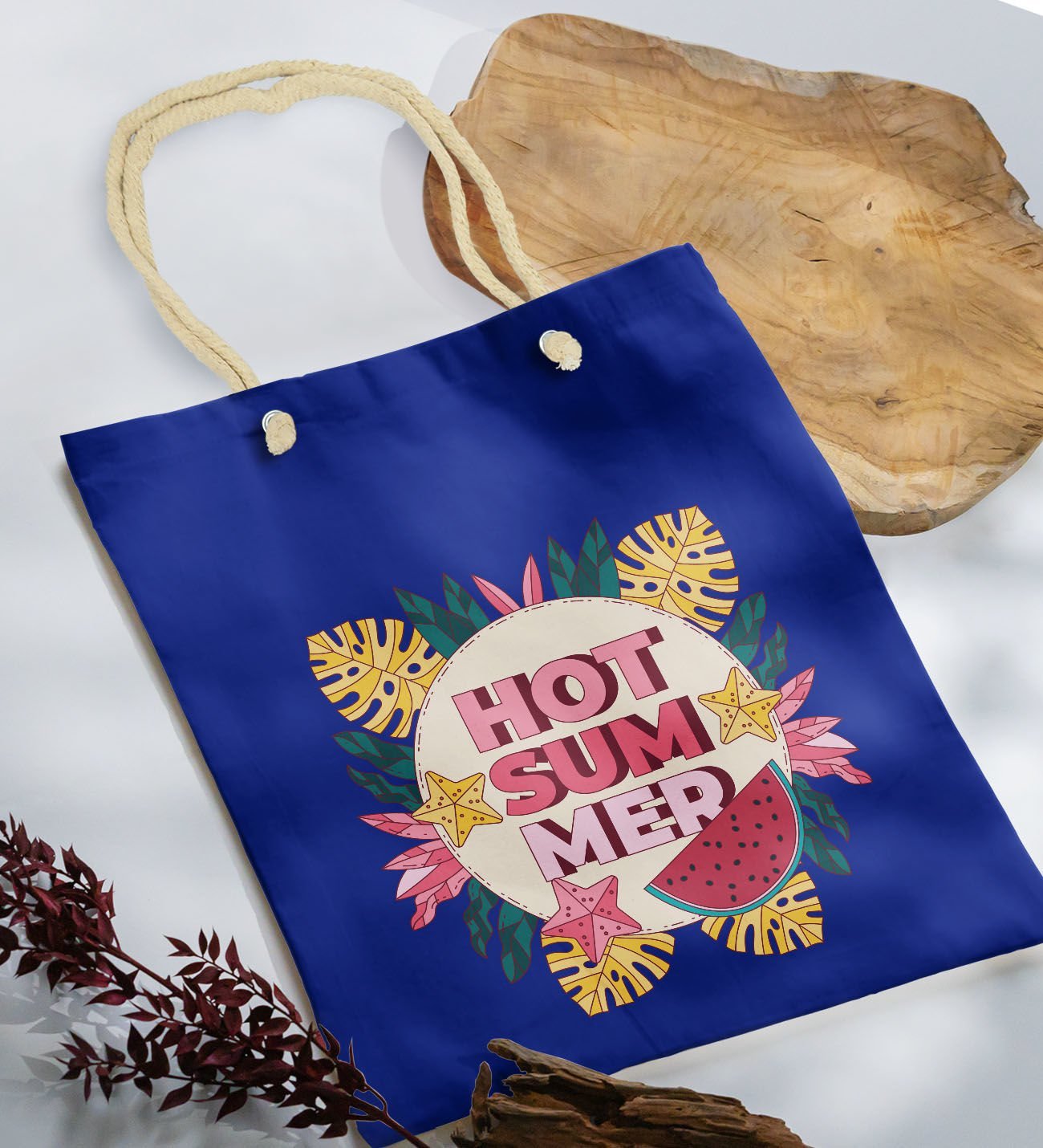 BK Gift Yaz Temalı Saks Mavi Halat Saplı Kumaş Plaj Çantası -16, Baskılı Omuz Çantası, Alışveriş Çantası, Arkadaşa Hediye, Sevgiliye Hediye