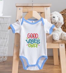 BK Kids Good Vibes Only Tasarımlı Mavi Bebek Body Zıbın ve Mama Önlüğü Hediye Seti-1