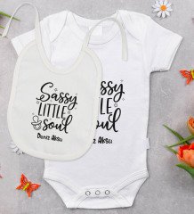 BK Kids Kişiye Özel Sassy Little Soul Tasarımlı Bebek Body Zıbın ve Mama Önlüğü Hediye Seti - Model 1