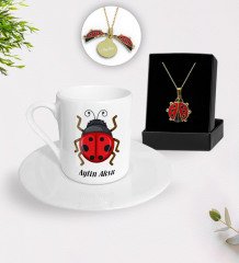 Kişiye Özel Uğurböceği Temalı Türk Kahvesi Fincanı ve Açılan Uğurböceği Kolye Hediye Seti-1