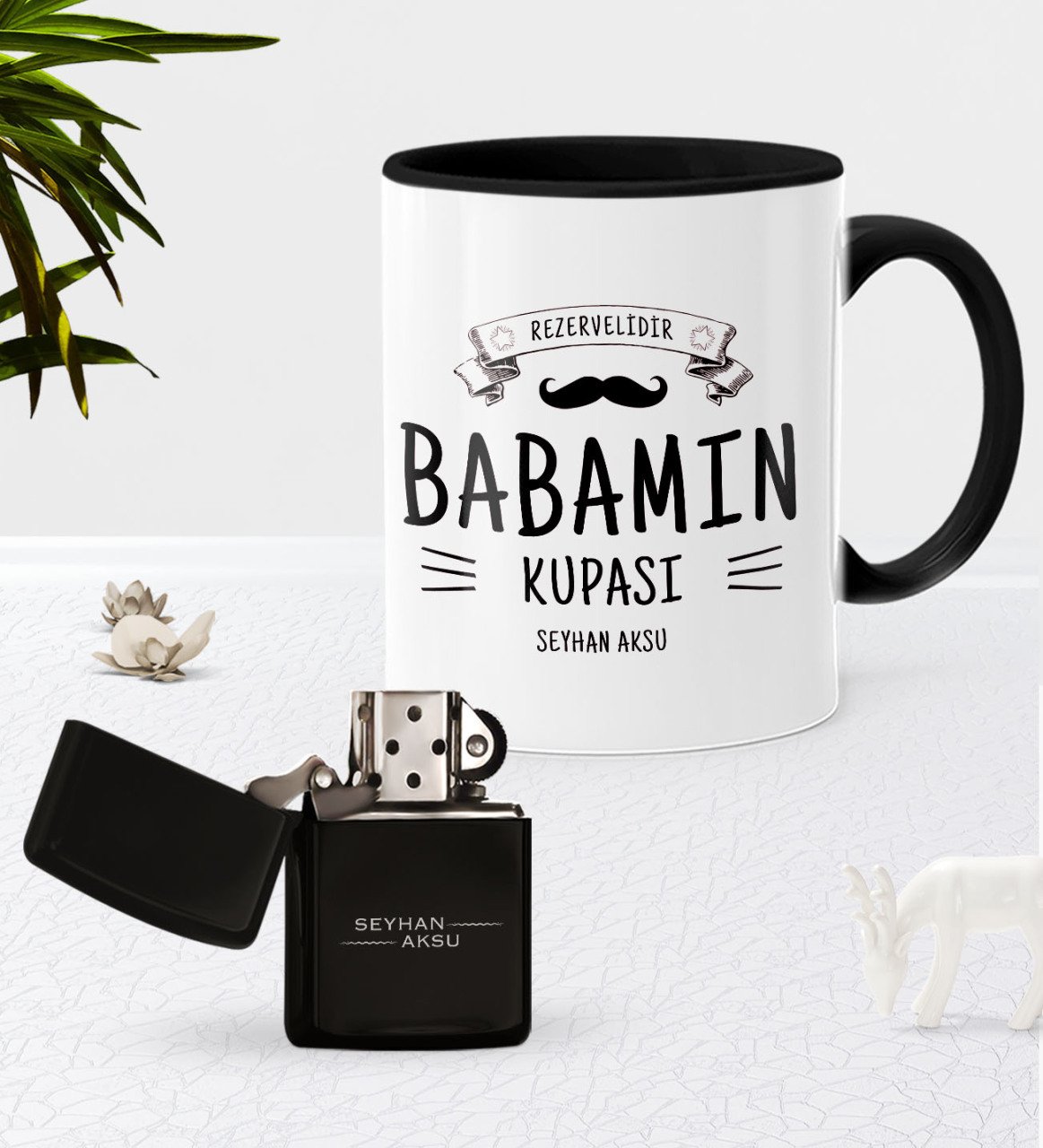 Kişiye Özel Babamın Kupası Siyah Kupa Bardak Benzinli Metal Çakmak Seti