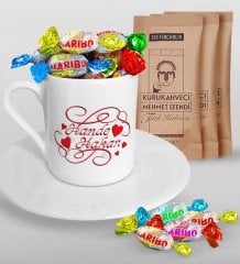 Kişiye Özel Sevgililer Günü Türk Kahvesi Fincanı Mehmet Efendi Kahve ve Haribo Şeker Hediye Seti-5