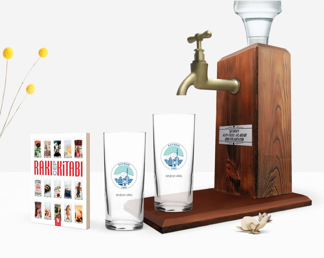 Kişiye Özel Renkli Baskılı Kayseri Tasarımlı Turistik İkili Rakı Bardağı Ahşap Rakı Standı ve Cep Kitabı Hediye Seti-1