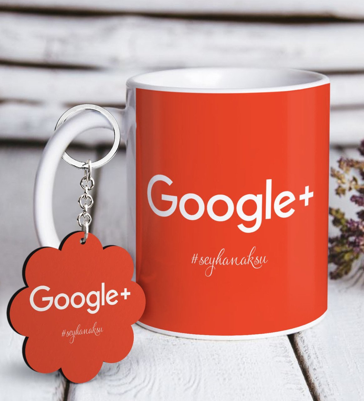 Kişiye Özel Google Plus Beyaz Kupa ve Anahtarlık Hediye Seti