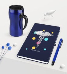 Kişiye Özel Tıp Sembolü Temalı Lacivert Defter Kalem ve Termos Mug Seti