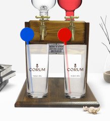 Kişiye Özel Renkli Baskılı Çorum Tasarımlı Turistik İkili Vodka Bardağı ve Çift Musluklu Doğal Ahşap Vodka Standı-1
