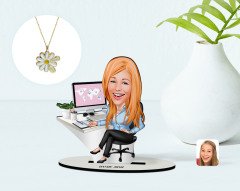 Kişiye Özel Kadın Genel Müdür Karikatürlü 3D Ahşap Biblo ve İsimli Tarihli Papatya Kolye Seti-1