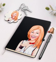 Kişiye Özel Bayan Karikatürlü Siyah Defter Kalem Ve Anahtarlık Hediye Seti-35