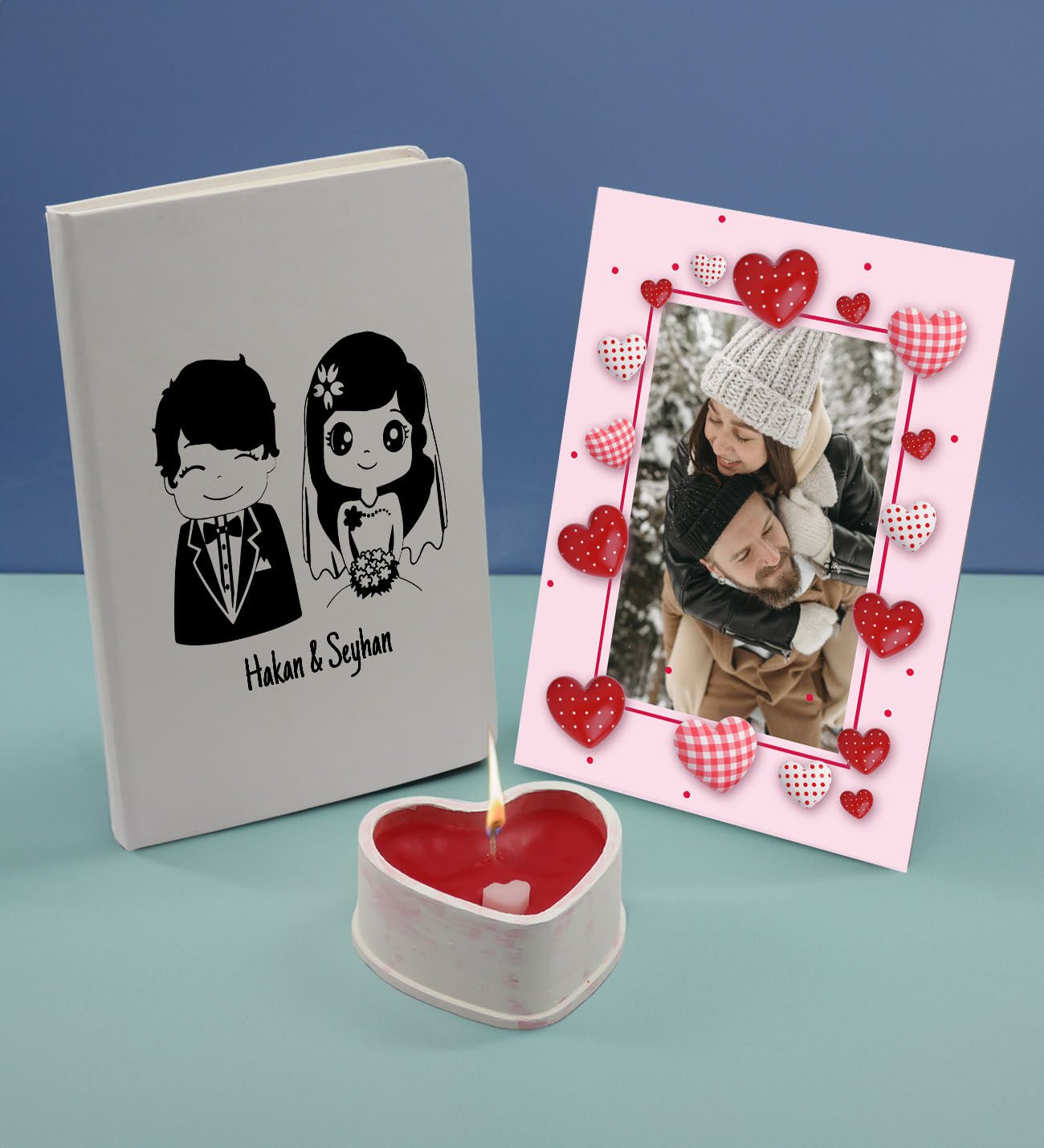 BK Gift Sevgililere Özel Beyaz Defter Dekoratif Çerçeve ve Kalp Taş Obje Kokulu Mum Hediye Seti-1, Sevgiliye Hediye, Sevgililer Günü