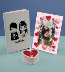BK Gift Sevgililere Özel Beyaz Defter Dekoratif Çerçeve ve Kalp Taş Obje Kokulu Mum Hediye Seti-1, Sevgiliye Hediye, Sevgililer Günü