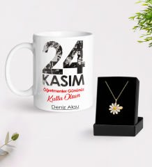 BK Gift Kişiye Özel Öğretmenler Günü Beyaz Kupa ve İsimli Papatya Kolye Hediye Seti- 9, Öğretmene Hediye, Öğretmenler Günü