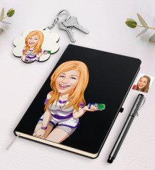 Kişiye Özel Bayan Karikatürlü Siyah Defter Kalem Ve Anahtarlık Hediye Seti-36