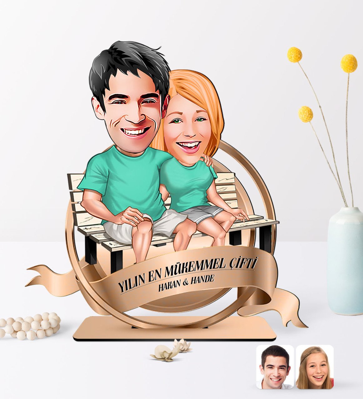 Kişiye Özel Yılın En Mükemmel Çifti Karikatürlü 3D Ahşap Biblo Plaket-55
